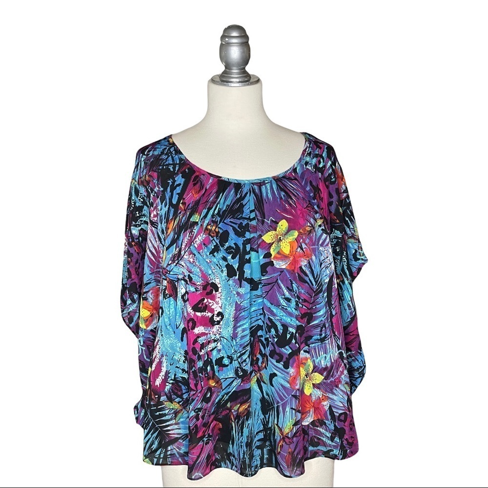Roz & Ali Tropical Butterfly Sleeve Lined Top L